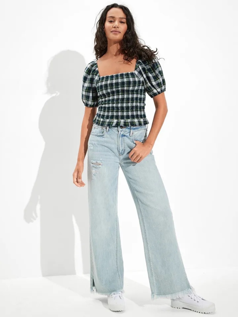 AE American Eagle plaid smocked Puff-Sleeve blouse